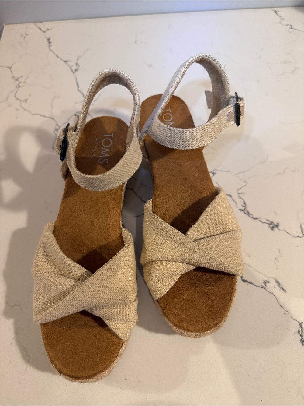 TOMS Natural Canvas Crossband Espadrille Wedge Sandals